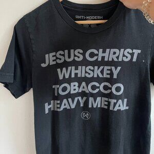 Anti Modern Brand Jesus Christ, Whiskey, Tobacco, Heavy Metal Black Mens T-shirt